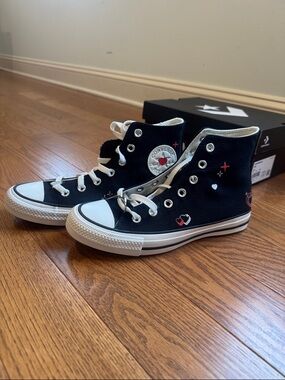 Converse Black High Top Sneakers with Red & White Heart Motifs